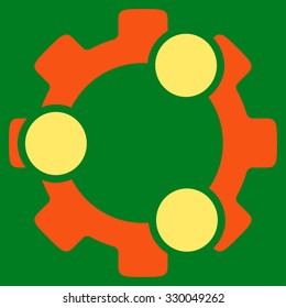 Teamwork vector icon. Style is bicolor flat symbol, orange and yellow colors, rounded angles, green background.