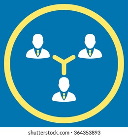 Teamwork vector icon. Style is bicolor flat circled symbol, yellow and white colors, rounded angles, blue background.