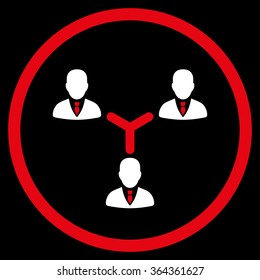 Teamwork vector icon. Style is bicolor flat circled symbol, red and white colors, rounded angles, black background.