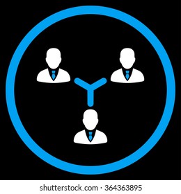 Teamwork vector icon. Style is bicolor flat circled symbol, blue and white colors, rounded angles, black background.