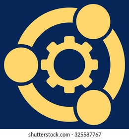 Teamwork vector icon. Style is flat symbol, yellow color, rounded angles, blue background.