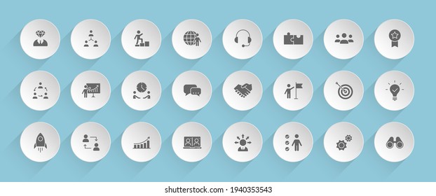 iconos vectoriales de trabajo en equipo en círculos redondos de papel puffy con sombras transparentes sobre fondo azul. iconos vectoriales de material de trabajo en equipo para diseño de interfaz web, móvil y de usuario