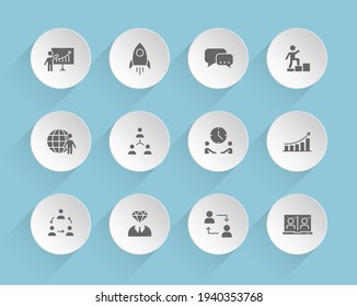 teamwork vector icons on round puffy paper circles with transparent shadows on blue background. teamwork stock vector icons for web, mobile and user interface design