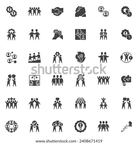 Teamwork vector icons set, modern solid symbol collection, filled style pictogram pack. Signs, logo illustration. Set includes icons as Collaboration, Cooperation, Cohesion, Team Building, Brainstorm