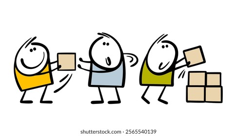 Teamwork. Vector illustration, business concept of joint creativity. Three people pass stones or bricks, build a house together. Friendly atmosphere, helpers. Isolated stickman on white background.