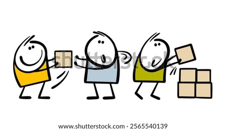 Teamwork. Vector illustration, business concept of joint creativity. Three people pass stones or bricks, build a house together. Friendly atmosphere, helpers. Isolated stickman on white background.
