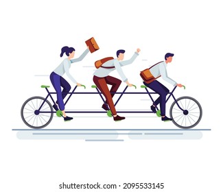 Teamwork vector illustration. Business people riding a bike, People in a team on tandem bike moving towards to achieve common goals. Vector in a flat style
