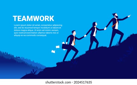Ilustración vectorial de trabajo en equipo - El equipo de negocios camina hacia arriba juntos, cooperando para llegar a la cima. Concepto de éxito y progreso.