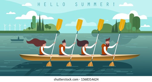 Teamwork. Vector illustration of four young rowers.