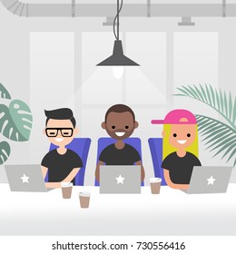 Teamwork, vector illustration. A group of young adults working in the modern open space office. Creative industry startup. Flat 2.0 vector, clip art.