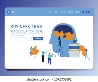 Teamwork vector illustration modern banner.Brainstorming and Creative process concept.People connecting jigsaw ideaMiniature businessman and womanModern flat cartoon character graphic design