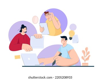 Teamwork vector illustration scene with people discuss about business.