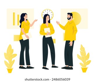 Teamwork vector illustration. Workers are working on the project. Office routine. Business. Office work. Productivity. Achievements of goals. Friendly atmosphere at work. Brainstorming