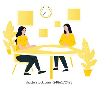 Teamwork vector illustration. Workers are working on the project. Office routine. Business. Office work. Productivity. Achievements of goals. Friendly atmosphere at work. Brainstorming