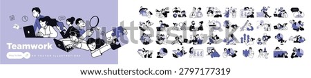 Teamwork. Vector illustrations for a team of people in various business activities, management, communication and project development from startup to launch.
