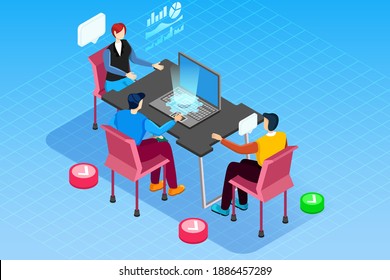 Teamwork, vector isometric flat illustration. Businessmen work on solving current problems and tasks, communicate with each other and share information.
