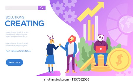 Teamwork vector landing page template. Solutions creating web banner design. Coworking, brainstorming flat illustration with text space. Trading, commerce, investment. Animal metaphor for businessman