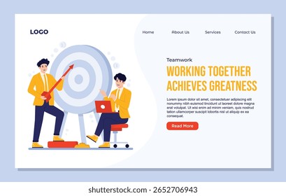 Vector de trabajo en equipo landing page Plantilla de marketing y publicidad online. Gente de negocios con objetivo y portátil en silla de oficina.