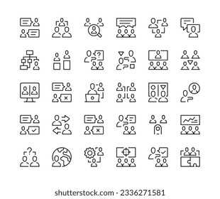 Teamwork. Vector line icons set. Business team, office, team management, working people concepts. Black outline stroke symbols