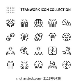 Teamwork, Vektorlinesymbole gesetzt. Geschäftsleute. Organisation, Treffen, Partnerschaft, Zusammenarbeit, Forschung und mehr. Einzige Sammlung von Team-Arbeit Symbol für Webseiten auf weißem Hintergrund.