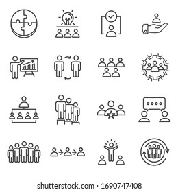 Teamwork vector lines icon set. Contains such Icons as strategy, leader, puzzle and more. Editable Stroke