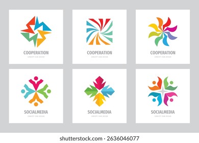 Teamwork vector logo set creative illustration. People group sign. Social media symbol. Friendship concept. Cooperation icons. Graphic design elements