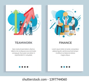 Teamwork vector, people with infocharts and graphs explanation, finance and analytics investors with money gold dollar coins and financial assets. Website or app slider, landing page flat style