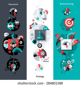 Teamwork vertical banner set with brainstorming and strategy flat elements isolated vector illustration