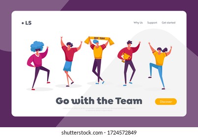 Teamwork, Victory Landing Page Template. Successful Business Team Characters Stand in Row Posing with Winners Trophies Celebrating Victory Successful Project. Cartoon People Vector Illustration