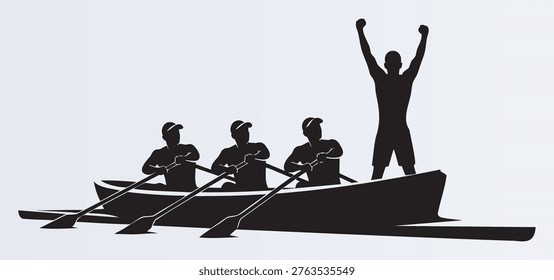 Teamwork and victory in rowing sport illustration with coach celebration