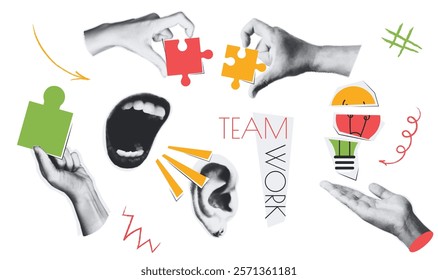 Teamwork vintage collage conception set in retro halftone design. Collection with hands holding puzzle pieces, generating light bulb idea, open mouth shouting to colleague ear. Vector illustration.