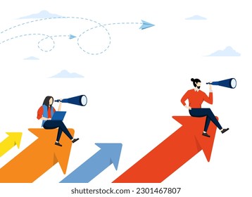 teamwork vision path goal success. working companies find ways to thrive. people standing profit, studying horizon growth arrow looking for binoculars, flat vector illustration.