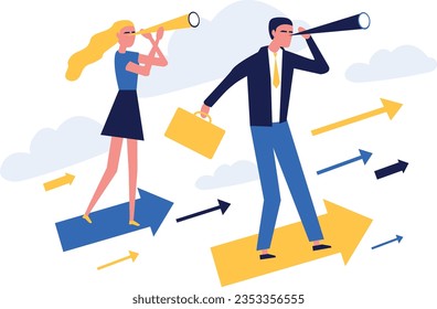Teamwork vision path goal success. Study horizons company work finding ways develop. People stand profit, growth arrows look binoculars, big telescope spyglass in search new ideas. The concept of care