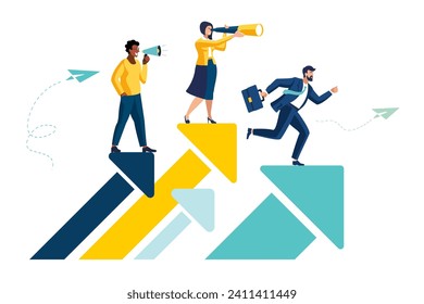 teamwork vision path goal success. study horizons company work finding ways develop. people stand profit, growth arrows look binoculars, big telescope spyglass in search new ideas vector illustration