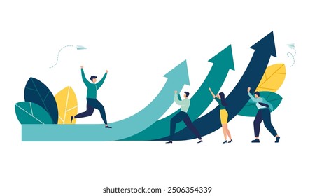 teamwork vision path goal success. study horizons work finding ways develop. people stand profit, growth arrows Career decision choosing direction choices for future opportunity vector illustration 