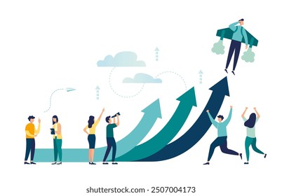 trabajo en equipo visión camino objetivo éxito. horizontes de estudio trabajo encontrar formas de desarrollarse. las personas tienen ganancias, flechas de crecimiento Decisión de carrera elegir opciones de dirección para la Ilustración vectorial de oportunidades futuras 