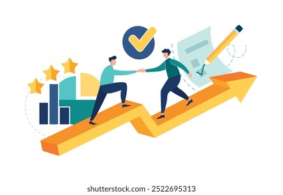 Teamwork Vision Pfad Ziel Erfolg. studieren Horizonte Arbeit zu finden Wege zu entwickeln. Menschen stehen Profit, Wachstumspfeile Karriereentscheidung Wahl der Richtung Entscheidungen für zukünftige Chance Vektorgrafik 