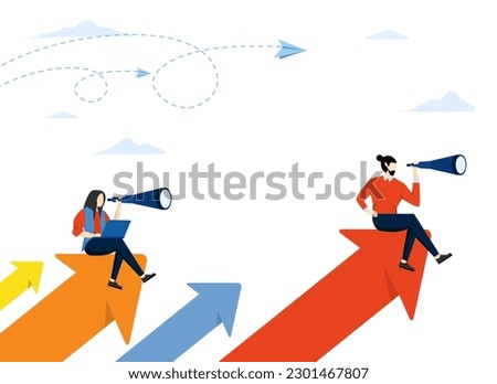 teamwork vision path goal success. working companies find ways to thrive. people standing profit, studying horizon growth arrow looking for binoculars, flat vector illustration.