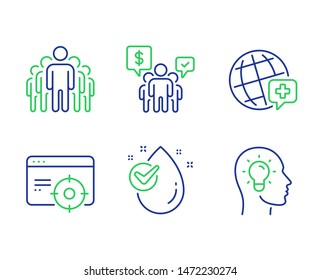 Teamwork, Water drop and World medicine line icons set. Group, Seo targeting and Idea head signs. Employees chat, Clean aqua, Online medicine. Managers. Science set. Vector