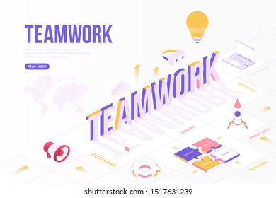 Teamwork web banner concept. Creative design template with Isometric objects and three dimensional text with world map. Online, idea, business, marketing and more. Flat vector illustration EPS 10