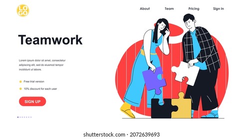 Teamwork web banner concept. Man and woman colleagues with puzzles collaboration and brainstorming, working at business landing page template. Vector illustration with people scene in flat design