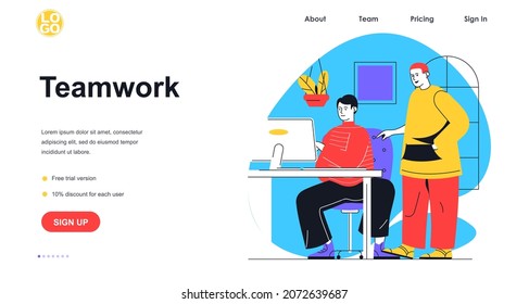 Concepto de banner web de trabajo en equipo. Hombres colegas trabajando en la oficina y discutiendo tareas, colaboración empresarial y plantilla de página de inicio de lluvia de ideas. Ilustración de vectores con escenas de personas en diseño plano
