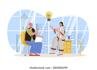 Concepto de carácter web de trabajo en equipo. Empleados haciendo tormentas de ideas, creando ideas, discutiendo tareas de trabajo, colaborando exitosamente con personas en una escena aislada. Ilustración de vectores con personas de diseño plano