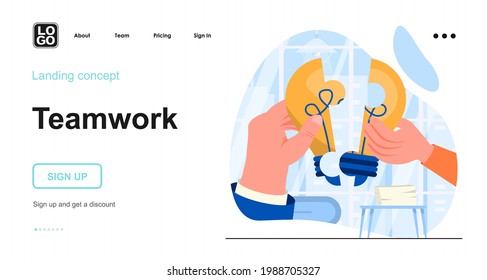Teamwork web concept. Colleagues cooperate, successfully develop and improve business together. Template of people scene. Vector illustration with character activities in flat design for website