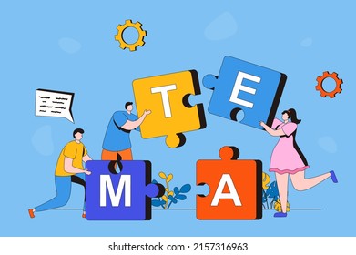 Teamwork web concept in flat 2d design. Men and woman hold puzzle pieces and put them together. Team collaborates and works together. Business development. Vector illustration with people scene