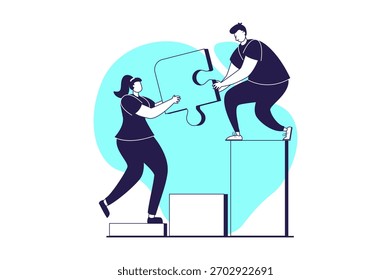 Teamwork Webkonzept mit flachen Leuten für Webdesign. Geschäftsfrau und Geschäftsmann, die im Team arbeiten, Projekte mit Innovationen entwickeln, sich gegenseitig unterstützen und helfen. Vektorgrafik.