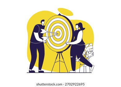 Concepto de Web de trabajo en equipo con personas planas para el diseño de Sitios web. Empresaria y hombre de negocios trabajando en equipo, lluvia de ideas y orientación, logrando objetivos, desarrollando proyectos de inicio. Ilustración vectorial.