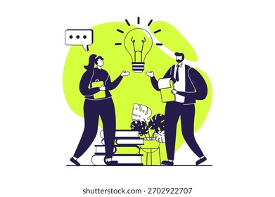 Concepto de Web de trabajo en equipo con personas planas para el diseño de Sitios web. Mujer y hombre intercambiando ideas y generando nuevas ideas, colaborando y logrando objetivos de negocio, apoyando en equipo. Ilustración vectorial.