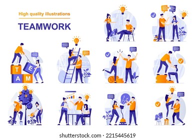 Teamwork web concept with people scenes set in flat style. Bundle of colleagues work together, collaboration, cooperation, business community, partnership. Vector illustration with character design