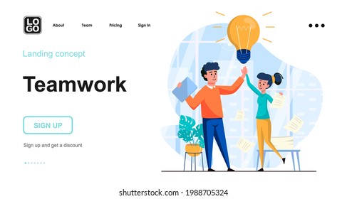 Teamwork web concept. Team of employees working together, motivation, good communication at office. Template of people scene. Vector illustration with character activities in flat design for website